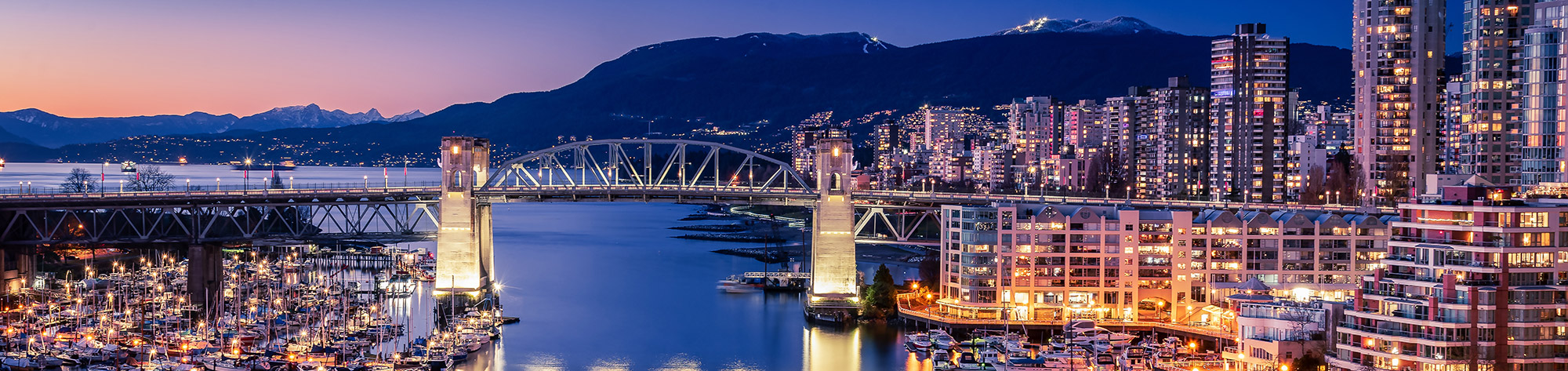 View of Vancouver, British Columbia at night, from Granville Bridge